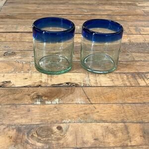 Hand-blown Tumbler Glasses Set of 2 With Cobalt Blue Rim Short
